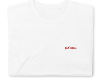 White embroidered T-shirt – Red front message – Minimalist provocation