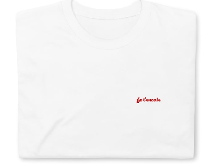 White embroidered T-shirt – Red front message – Minimalist provocation