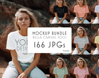 May include: A mockup bundle of 166 JPG images featuring Bella Canvas 3001 t-shirts in various colors. The text "YOUR DESIGN" is printed on each shirt.