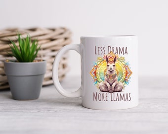 Less Drama More Llama Mug, Gift, Yoga, Tea Mug, Coffee Mug, Ceramic Mug, Cute Mug, Birthday Gift, Funny Mug,