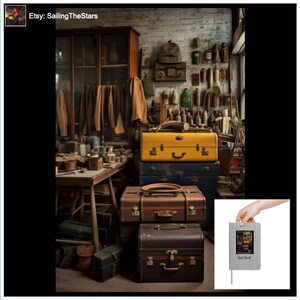 Peut inclure: Une collection de valises vintage de différentes couleurs et tailles, notamment jaune, marron et noir. Les valises sont empilées les unes sur les autres et sont disposées dans une pièce avec un mur en briques et des étagères en bois. Les valises sont un objet vintage populaire pour la décoration intérieure et les voyages.