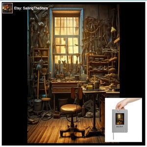Peut inclure: Un atelier encombré avec une grande fenêtre, un établi en bois, des outils et un tabouret. L'atelier est rempli de divers outils et objets, dont une pelle, une lampe et une sculpture en métal. La fenêtre laisse entrer la lumière naturelle, illuminant l'espace.