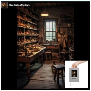 Peut inclure: Un atelier d'époque avec des étagères en bois remplies de bottes en cuir marron. Un établi en bois avec des outils et un tabouret se trouve au centre de la pièce. Une fenêtre donnant sur l'extérieur se trouve à gauche de la pièce. Un carnet gris avec le texte "My Life Book" se trouve dans le coin inférieur droit de l'image.