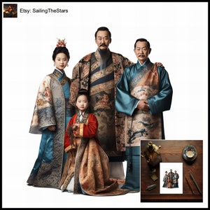 Tarjeta de felicitación Retratos familiares Ming 3 Ilustración de las civilizaciones antiguas Regalo para ella Él Padre Madre Vestido Vestido Diseño de arte