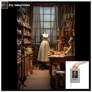 Peut inclure: Un atelier de couture de style vintage avec un mannequin blanc et une table en bois avec des outils et des fournitures. L'atelier a une grande fenêtre avec des rideaux blancs et une échelle en bois. Le texte "Etsy: SailingTheStars" est visible dans le coin supérieur gauche de l'image.