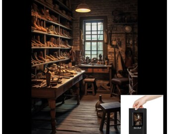 May include: An interior shot of a cobbler's workshop, filled with tools, wooden shoe forms, and leather goods. A black notebook with the words "Holy Book" is held in a hand. The workshop has a rustic, vintage aesthetic with a window and overhead lighting.