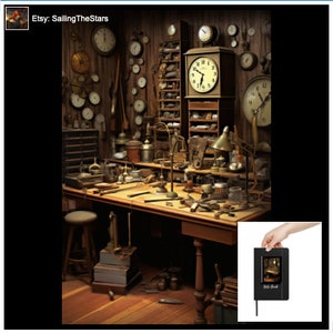 May include: A vintage workshop with a wooden workbench, tools, and many antique clocks on the walls. The workshop is lit by a lamp and has a rustic feel. The text "Etsy: SailingTheStars" is visible in the top left corner of the image.