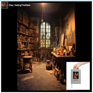 Peut inclure: Un atelier d'artiste encombré avec une grande fenêtre, une table en bois et divers outils et fournitures. La pièce est baignée de lumière naturelle et a une ambiance chaleureuse et accueillante. L'image comprend également un petit carnet gris avec une image d'un bâtiment sur la couverture.