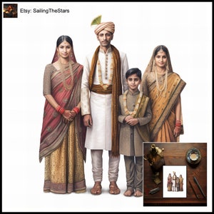 Tarjeta de felicitación Retratos familiares India 3 Ilustración de las civilizaciones antiguas Regalo para ella Él Padre Madre Vestido Vestido Diseño de arte