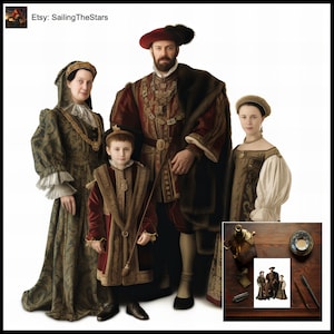 Tarjeta de felicitación Retratos familiares Tudor 1 Ilustración de las civilizaciones antiguas Regalo para ella Él Padre Madre Vestido Vestido Diseño de arte