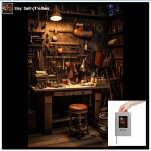Peut inclure: Un atelier vintage avec un établi en bois, des outils accrochés au mur et un journal relié en cuir avec le texte "Worn Book" sur la couverture.