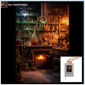 Peut inclure: Une boutique d'apothicaire de style vintage avec des étagères remplies de bouteilles et de bocaux en verre. Une cheminée avec un feu crépitant se trouve au centre de la pièce. La boutique est faiblement éclairée d'une lumière chaude et accueillante. Le texte "Etsy: SailingTheStars" est visible dans le coin supérieur gauche de l'image.