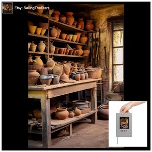 Peut inclure: Un atelier de poterie rustique avec des étagères remplies de pots en terre cuite de différentes tailles et formes. L'atelier possède une table en bois avec d'autres pots et une fenêtre donnant sur l'extérieur.