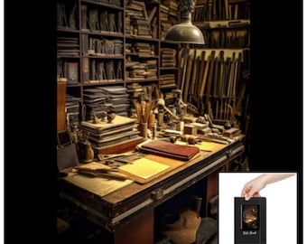 May include: A vintage-style, black leather-bound journal with gold accents and the text "Holy Book" on the cover. The journal is sitting on a wooden table in a room with a bookshelf filled with books and other items.