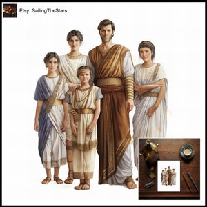 Tarjeta de felicitación Retratos familiares Grecia 3 Ilustración de las civilizaciones antiguas Regalo para ella Él Padre Madre Vestido Vestido Diseño de arte