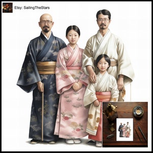 Tarjeta de felicitación Retratos familiares Japón 2 Ilustración de las civilizaciones antiguas Regalo para ella Padre Madre Vestido Vestido Diseño de arte