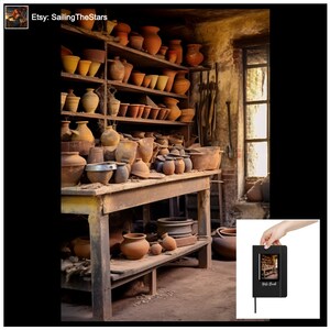 Könnte beinhalten: Ein rustikaler Raum, gefüllt mit Terrakotta-Töpfen, die auf Holzregalen angeordnet sind. Der Raum hat ein großes Fenster mit Blick auf einen Garten. Der Text "Etsy: SailingTheStars" ist in der oberen linken Ecke des Bildes sichtbar.