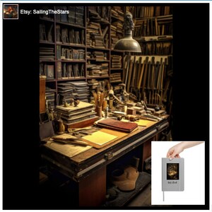 Peut inclure: Un bureau en bois de style vintage avec un plateau en cuir, recouvert de papiers et d'outils. Le bureau se trouve dans une pièce avec des étagères remplies de livres et d'autres objets. Un petit carnet argenté avec une image dorée d'un bureau et le texte "Style Book" se trouve dans le coin inférieur droit de l'image.