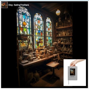 Peut inclure: Intérieur d'une boutique d'apothicaire vintage avec une table en bois et des étagères remplies de flacons en verre. La pièce possède de grandes fenêtres en vitrail aux motifs géométriques colorés. Le texte "Etsy: SailingTheStars" est visible dans le coin supérieur gauche de l'image.