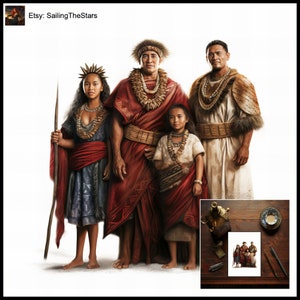 Tarjeta de felicitación Retratos familiares Polinesia 2 Ilustración de las civilizaciones antiguas Regalo para ella Él Padre Madre Vestido Vestido Diseño de arte