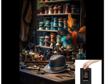 May include: A black leather notebook with a colorful image of a ship on the cover. The notebook is open to a blank page. The notebook is sitting on a wooden table with a hat and other tools.