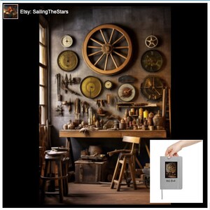 Peut inclure: Un intérieur d'atelier vintage avec une roue de chariot en bois, diverses horloges et des outils accrochés au mur. Un établi en bois avec des outils et d'autres objets se trouve au centre de la pièce. Un tabouret en bois et un escabeau se trouvent au premier plan.