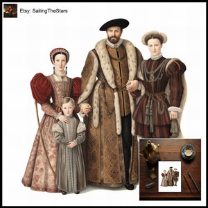Tarjeta de felicitación Retratos familiares Tudor 2 Ilustración de las civilizaciones antiguas Regalo para ella Padre Madre Vestido Vestido Diseño de arte