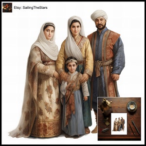 Tarjeta de felicitación Retratos familiares Persia 4 Ilustración de las civilizaciones antiguas Regalo para ella Él Padre Madre Vestido Vestido Diseño de arte