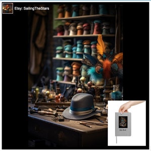 Peut inclure: Un chapeau fedora gris avec un ruban bleu turquoise est posé sur une table en bois avec divers outils et un petit carnet gris avec le texte "Etsy: SailingTheStars" sur la couverture. La table est devant une étagère avec de nombreux chapeaux colorés.