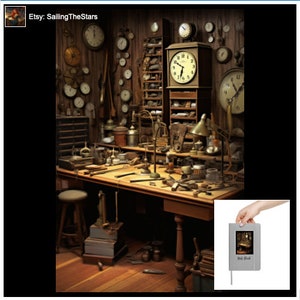 May include: A vintage workshop with a wooden workbench and tools, surrounded by antique clocks of various sizes and styles. The workshop has a rustic and industrial feel, with exposed brick walls and wooden beams. The image also includes a small notebook with the text "Style Guide" on the cover.