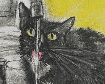 Originalzeichnung mit Bleistift und Pastell, gedruckt auf Papier im Format A4 von einer Katze, die Wasser aus dem Wasserhahn trinkt