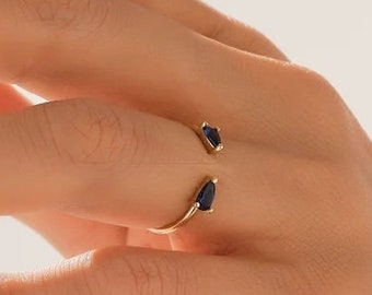 14k Gold Pear Blue Sapphire Open Ring: September Birthstone Promise Ring