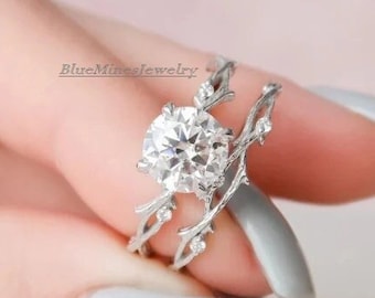 Art Deco Moissanite Wedding Ring Set: 1.50 CT Round, Sterling Silver