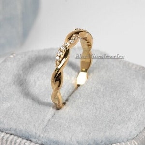 14K Diamond Twisted Wedding Band: Stackable Rope Ring