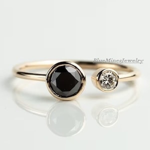 14K Gold Dual Diamond Ring: Black & White Open Cuff Band