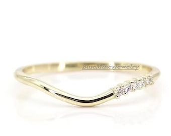 Moissanite Curved Wedding band,Unique Five Gemstone Diamond Stacking band,Chevron Style Band 14K Yellow Gold Jewelry Promise AnniversaryGift