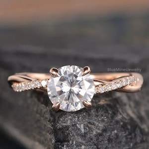 Twisted 1 Ct Round Moissanite Ring: 9K White Gold Engagement Ring