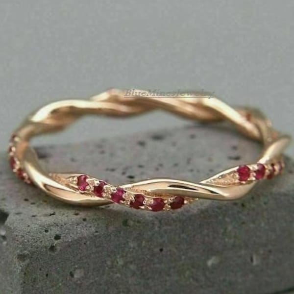 14K Gold Twisted Ruby Ring, Ruby Wedding Band, Ruby Infinity Ring,Twisted Vine Ring with Rubies,Half Minimal Wedding Ring,Valentine Gift For