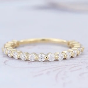 Moissanite 14K Yellow Gold Wedding Band: Bubble Prong Anniversary Ring