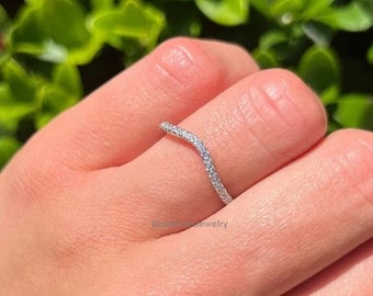 Curved Wedding Band, 14K Round Cut Moissanite Matching Band, Statement Bridal Band, Half Eternity Stackable Band, Handmade Jewelry For Women