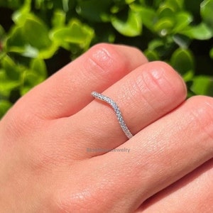 Curved Wedding Band, 14K Round Cut Moissanite Matching Band, Statement Bridal Band, Half Eternity Stackable Band, Handmade Jewelry For Women