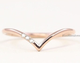 Moissanite Curved Wedding Band: Vintage 14K Rose Gold Stacking Ring