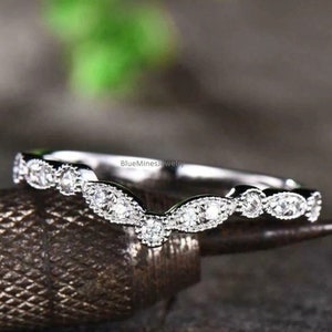 14K White Gold Moissanite Ring: Art Deco Marquise Half Eternity Band