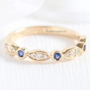 Vintage Wedding Band, Marquise and Round alternative diamond and Blue Sapphire Wedding band, 14K/18K Solid Yellow Gold half  Eternity Band