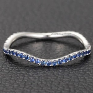 14K White Gold Sapphire Wave Band: Curved Wedding Ring