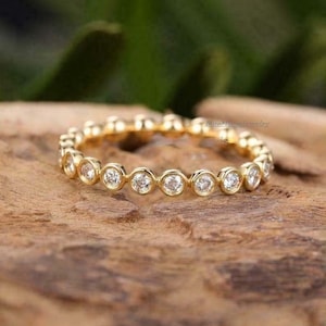 Moissanite Eternity Band: 14K Yellow Gold Bezel Set Wedding Ring