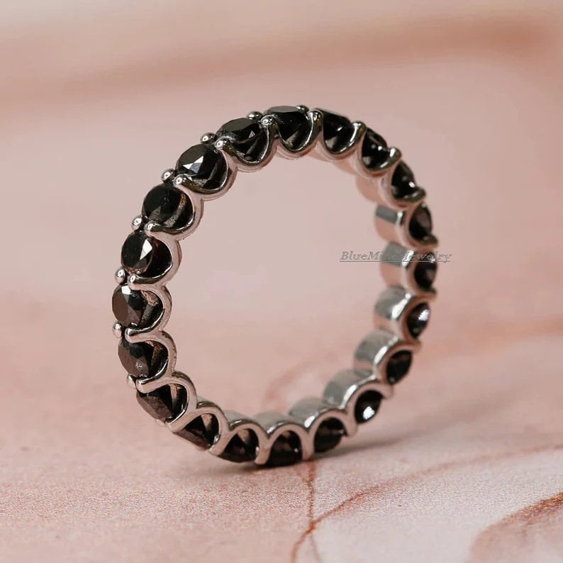Black Diamond Eternity Band Ring: 14K Gold Bar Setting - Etsy