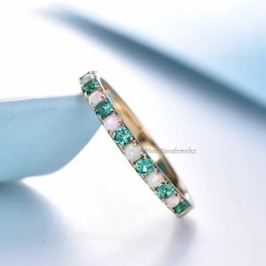 Opal & Emerald Ring Green Wedding Band, Half Eternity Band, Vintage Ring, Fire Opal Band, Stacking Ring, May Birthstone Band, Ring For Women