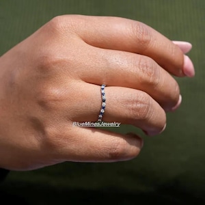 14K Moissanite sapphire Pavé Wedding Band: half Minimalist Curved Bridal Ring