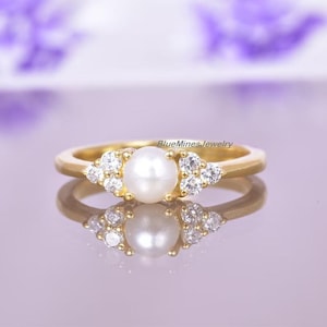 14k Pearl Ring, Solid Gold Dainty Engagement Ring for Women, Real Pearl Solitaire Band, Cute Proposal Ring, Diamond Cz Accented Gift Ring